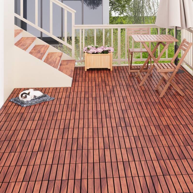 10 PCS Interlocking Deck Tiles Striped Pattern, 12" x 12" Square Acacia Hardwood Outdoor Flooring for Patio,Bancony,Pool Side