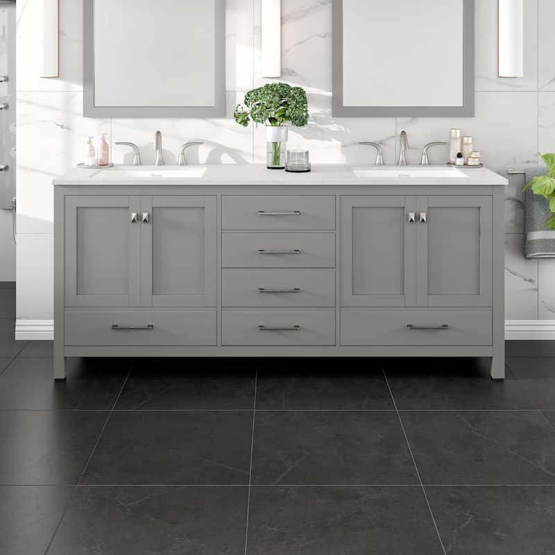 Eviva Aberdeen 78"W x 22"D Gray Double Sink Vanity with White Carrara Quartz Vanity Top and Rectangular Undermount Sinks