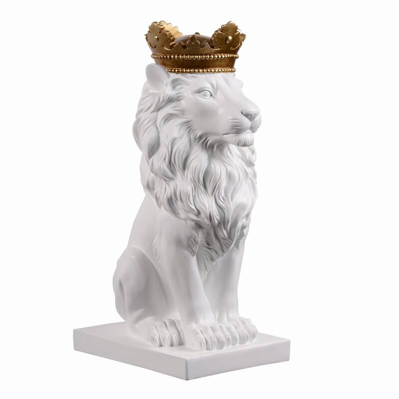 Regal Lion with Crown Statue - 14.5" - White and Gold