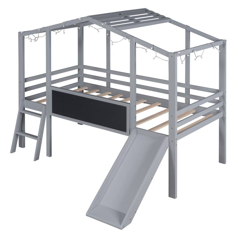 Twin Loft Bed with Slide, Ladder, Blackboard, and Roof Light Strip, Gray