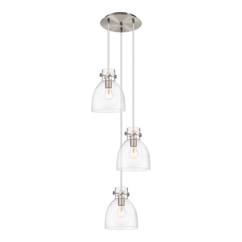 Innovations Lighting Newton Bell - 3 Light 8" Cord Hung Multi Pendant - 10" Canopy - Clear/Brushed Satin Nickel