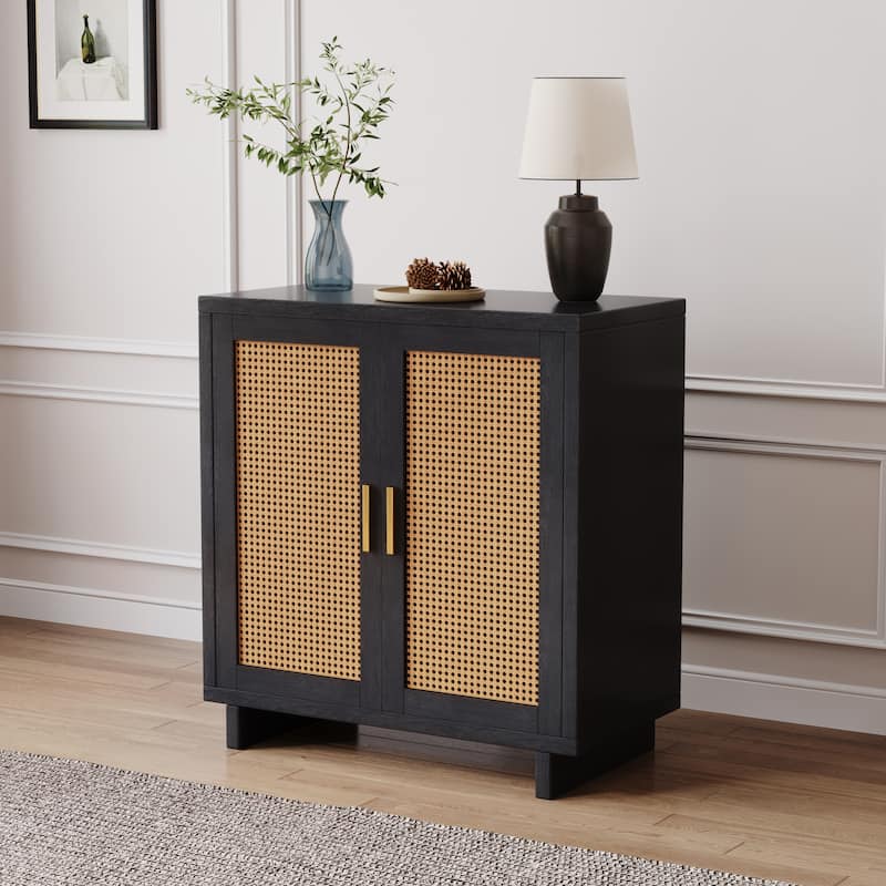 Wood Accent Cabinet Sideboard Buffet with Rattan Doors