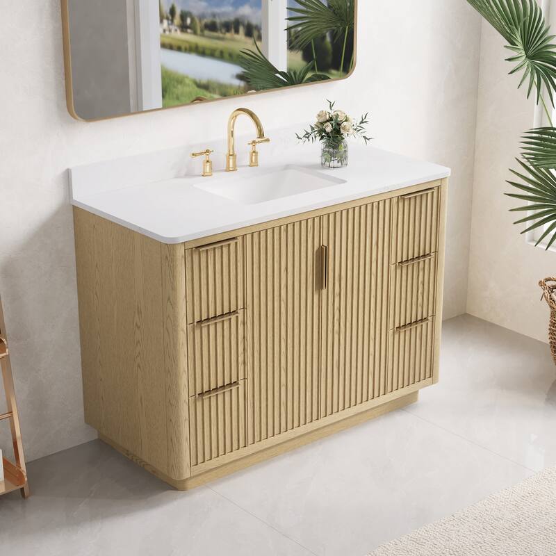 35''H Solid Wood Bathroom Vanity With Stain-resistant Carrera White Quartz Top and Sink