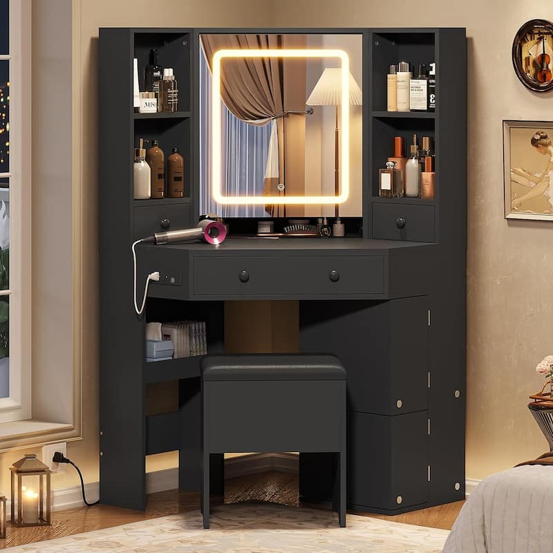 Corner Vanity Desk with Lighted Mirror Drawers Shelves Storage Stool