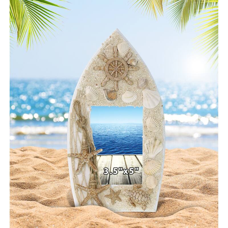CoTa Global White Wood Seashell Oceanic Sea Turtle Boat 3.5X5 Frame - 9.4 Inches