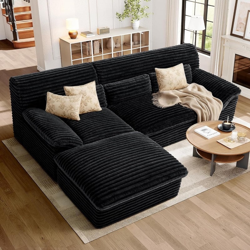 100" L-Shaped Cloud Sectional Couch With Double-Layer Thickened Deep Seat - Black