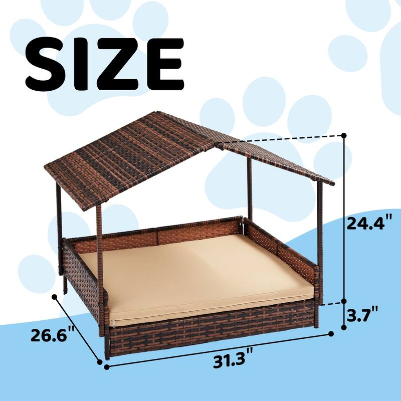 Elevated Rattan Dog Bed with Canopy and Washable Cushion Cover Perfect for Small Dogs - 31.3”L x 26.6”W x 24.4”H