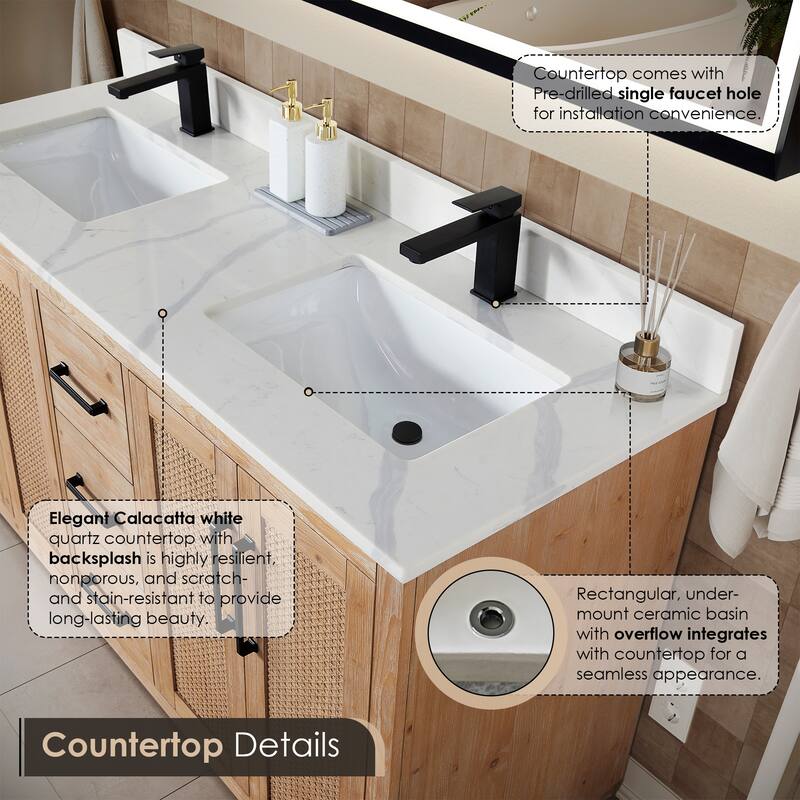 Floral Single Bathroom Vanity in Light Brown with Calacatta White Quartz Countertop without Mirror