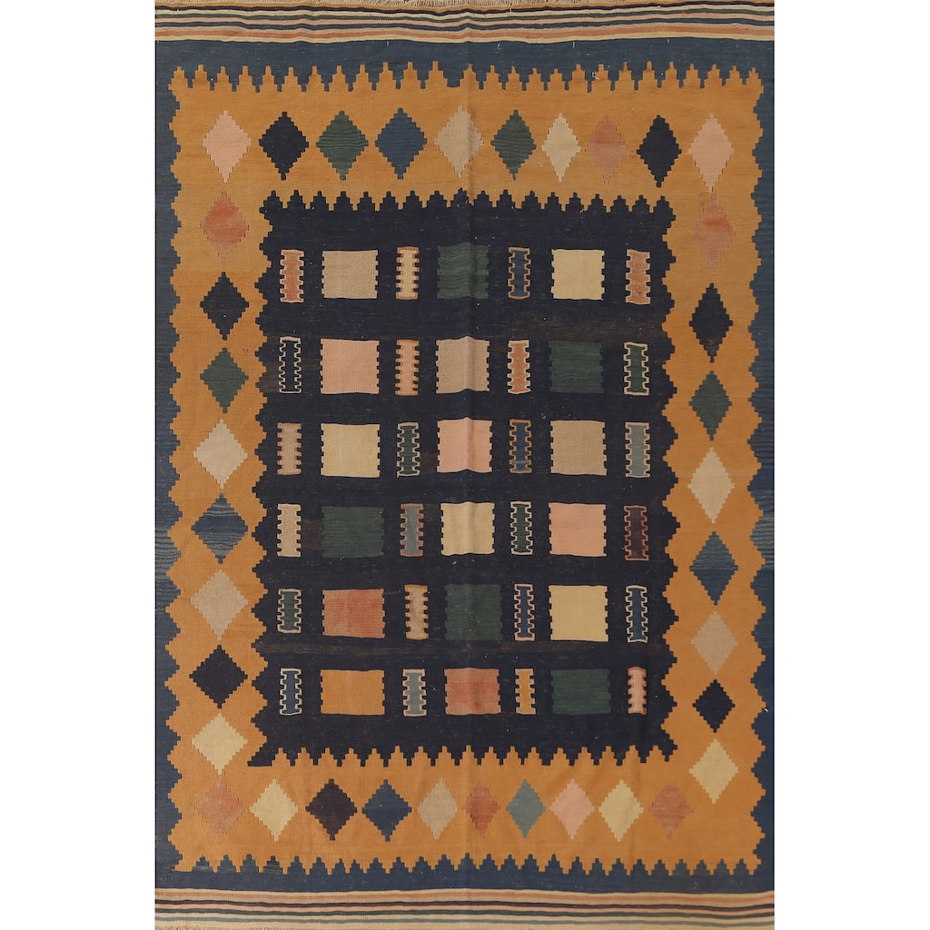 Navy Blue Kilim Persian Area Rug Flatweave Wool Carpet - 6'6"x 9'11"