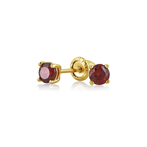 Tiny Cubic Zirconia Red Imitation Garnet CZ Round Solitaire Stud Earrings Real 14K Yellow Gold Screwback
