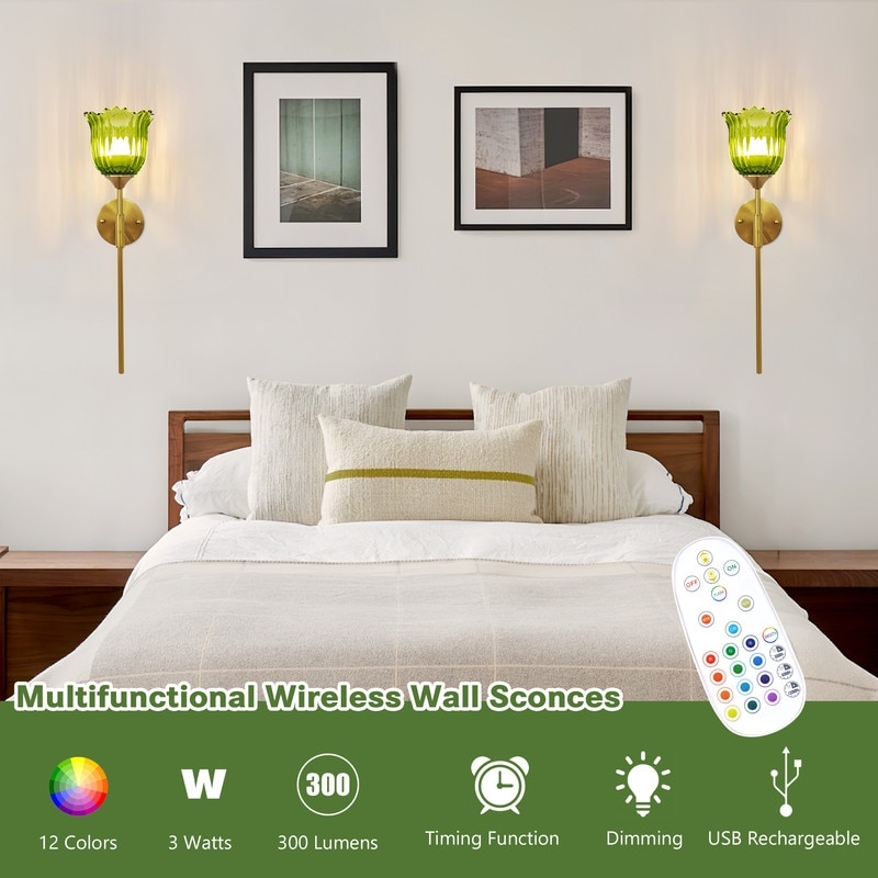 Briignite 5 in. 1-Light Gold Wireless Wall Sconces with Bulbs, Remote Dimmable and Fabric Shade for Bedrooms and Hallways (2-Pack Briignite 5 in. 1-Light Gold Wireless Wall Sconces with Bulbs, Remote Dimmable and Fabric Shade for Bedrooms and Hallways (2-Pack