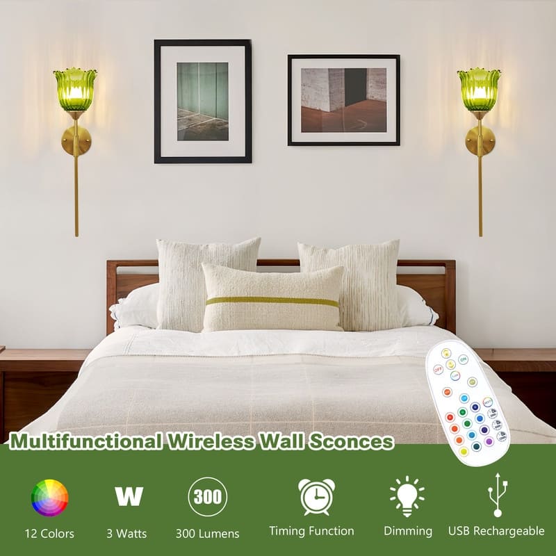 Battery Operated Wallchiere with Remote, Rechargeable Wireless Gold Wall Sconces , RGB Dimmable Light (Set of 2)
