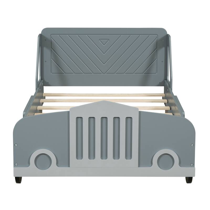 Gray Twin Size CarShaped Platform Bed Frame w/ Wheels Creative Trundle