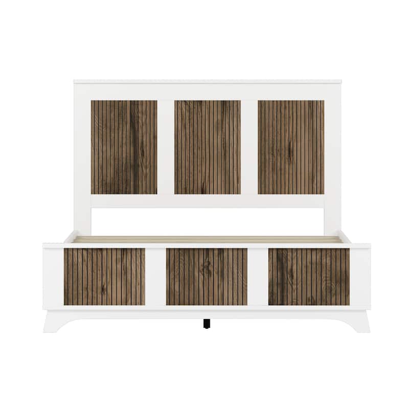 Wooden Platform Bed, Wingback Bed Frame with Wooden Strip Decoration Headboard and Footboard, Plywood Slats Support