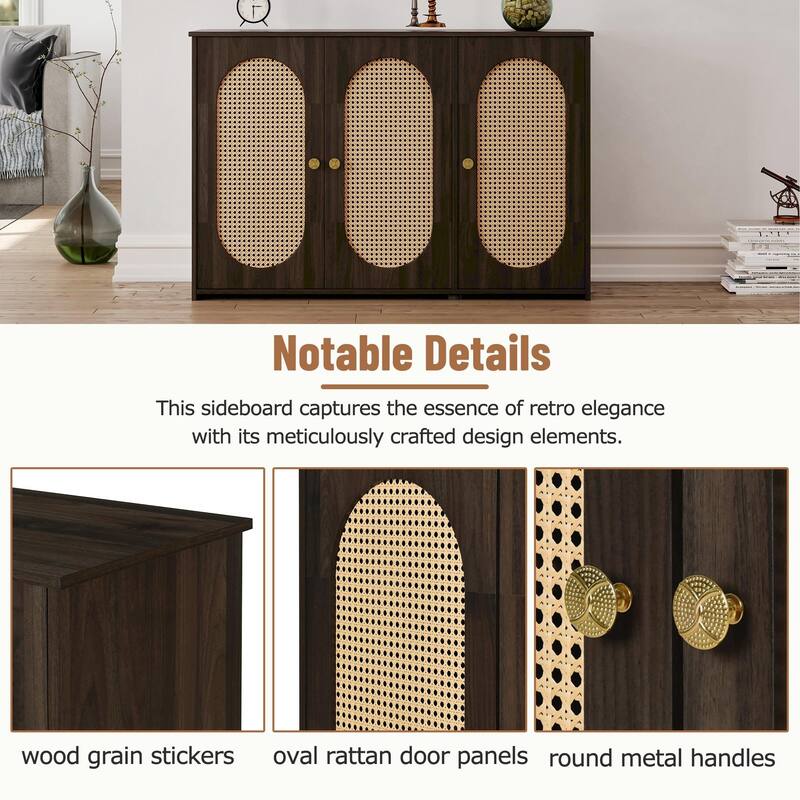 Retro 3-Door Sideboard - Large Storage with Rattan Doors and Metal Handles