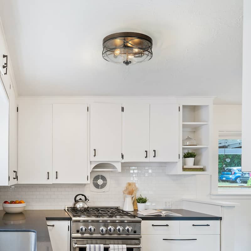 Clyno Modern Farmhouse 3-Light Dark Wood Grain Seeded Glass Cage Flush Mount Light - D 12.2" x H 5.7"