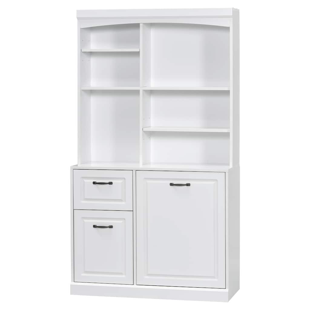 White MDF Tall Bathroom Cabinet with Tilt-Out Hamper and Adjustable Shelves - 39.3” W × 16.50” D × 70.9” H