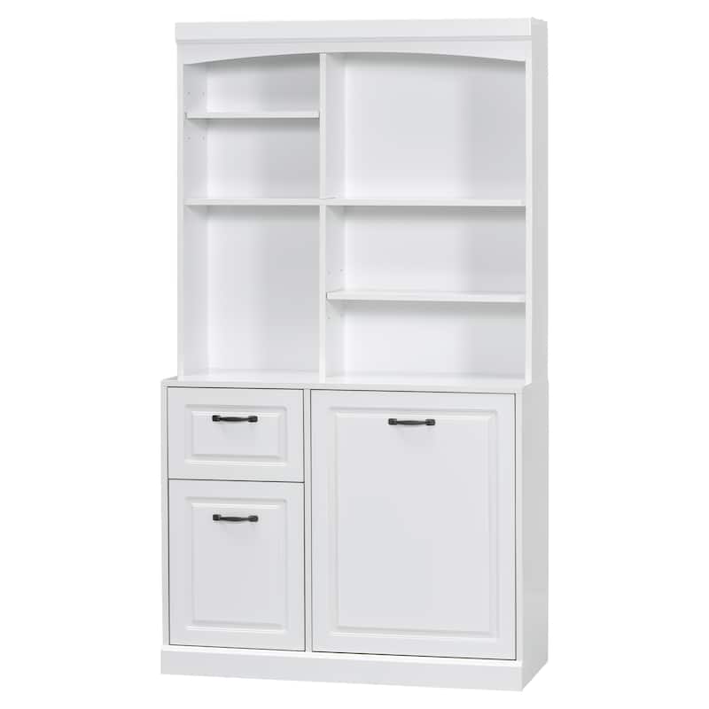 Roomfitters Bathroom Cabinet with Tilt-Out Hamper Adjustable Shelves Drawers and Tall Freestanding MDF Tower, White