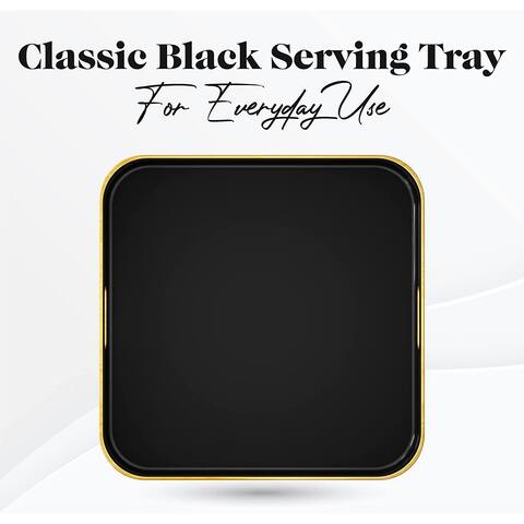 American Atelier Black Serving Square Tray with Gold Trimming & Handles - Black/Gold - 13.3 x 13.3 in