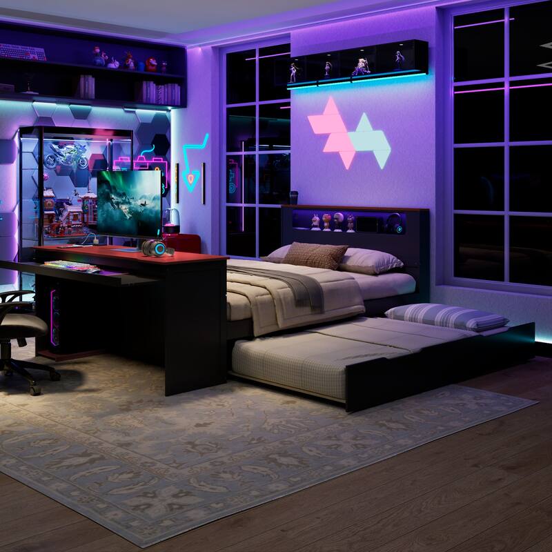 Wood Daybed with Trundle & Built-in Desk, LED Lights & USB Charging Port, Available in Full or Twin