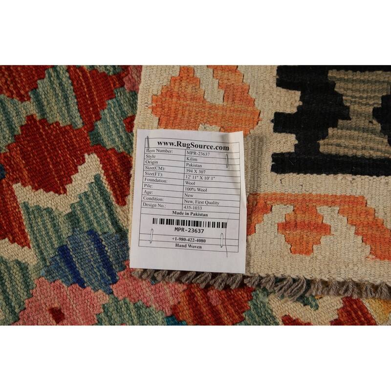 Geometric Kilim Oriental Area Rug Hand-Woven Tribal Orange Wool Carpet - 10'1"x 12'11"