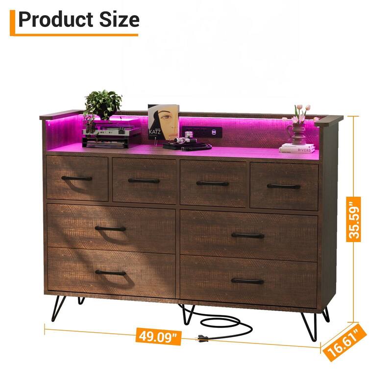 Tall Dresser for Bedroom with Charging Station & RGB Lights - 8 Drawer Wooden