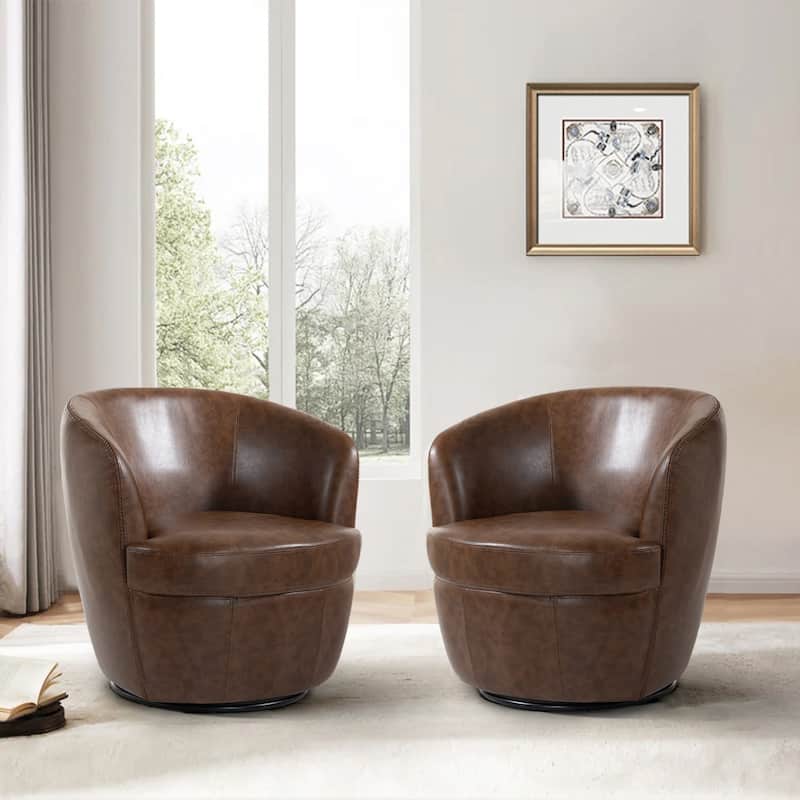 32" Wide PU Leather Swivel Barrel Chair with Metal Rotary Base (Set of 2)