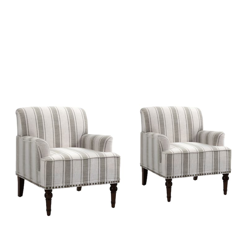 Set of 2 Stripe Linen Accent Arm Chairs with Nailhead Trim and Wood Legs