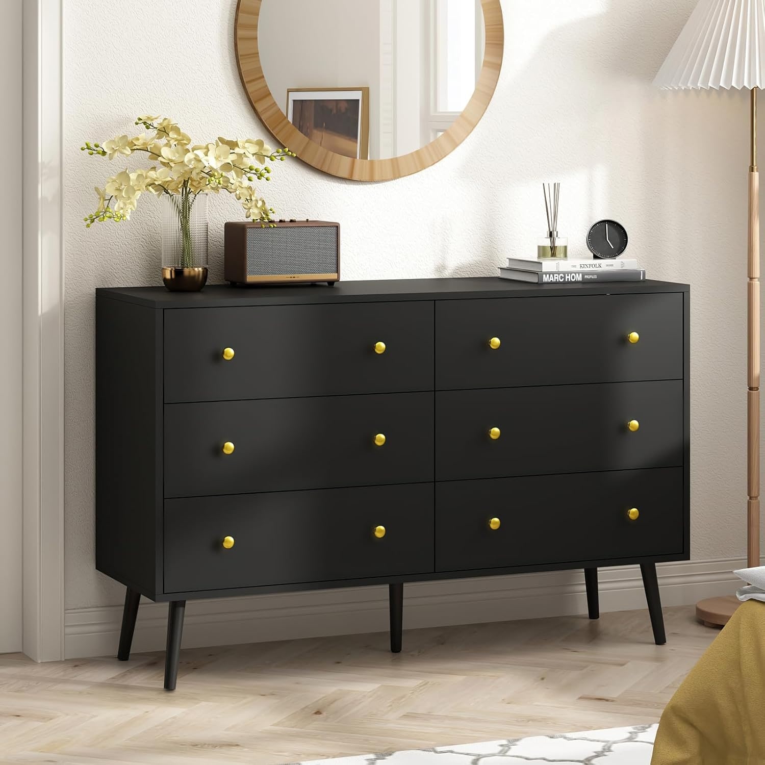 Modern Black Dresser with 6 Drawers, Gold Handles, Mid Century Design for Bedroom or Living Room