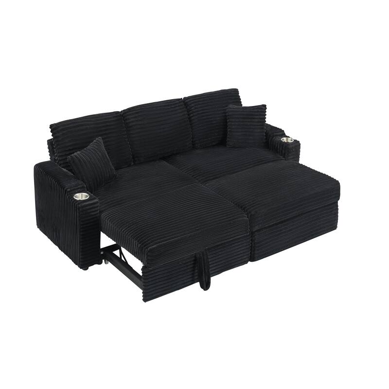 80-inch Foldable Hidden Black Corduroy Sofa with Cup Holders, Footrest and Storage Function