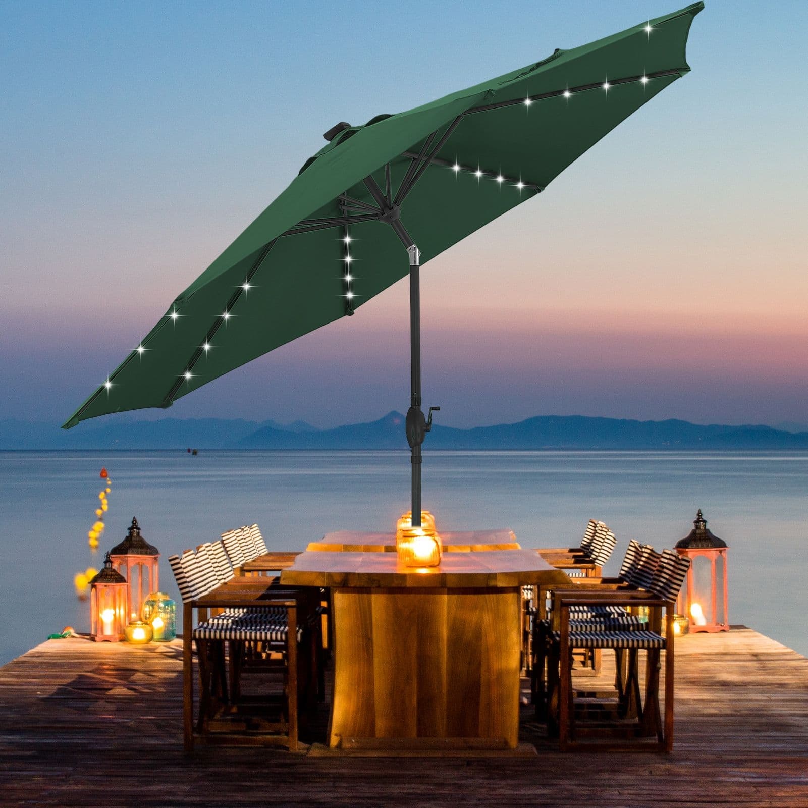 green solar patio umbrella Garvee 10' with 40 LED Lights, Outdoor Market Umbrella with Auto-Tilt Crank & Weather-Resistant Canopy, Dark it will provide you with just the right amount of bright light even in the dark 10FT Patio Umbrella with 32