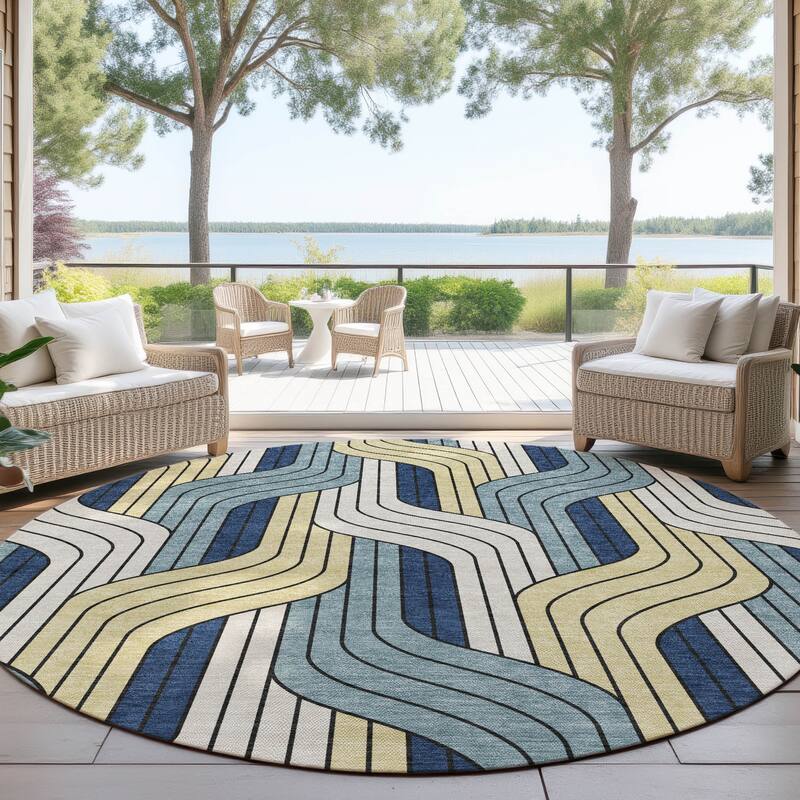 Machine Washable Indoor/ Outdoor Modern Pathway Chantille Rug - Teal - 8' x 8'