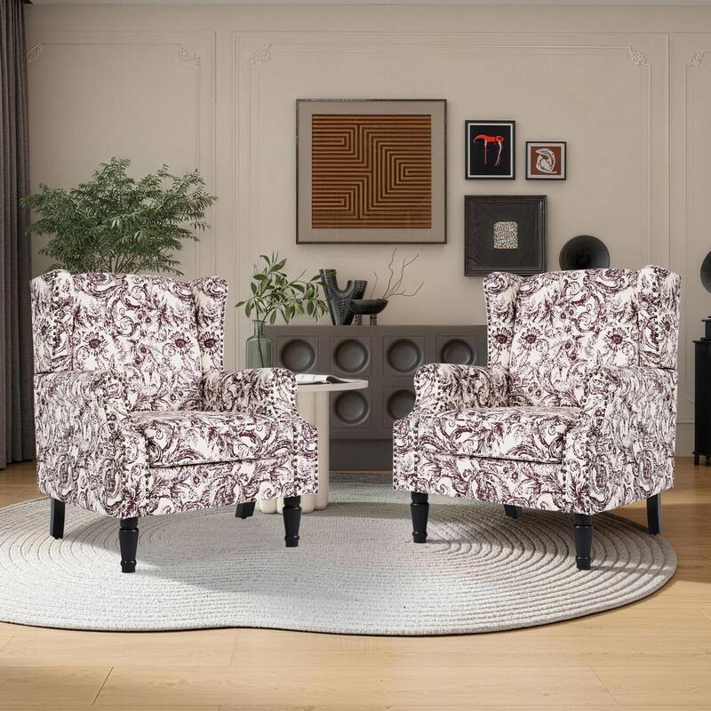 Upholstered Nailhead Trim Armchair Wingback Accent Chairs Set of 2 - Rococo Plum