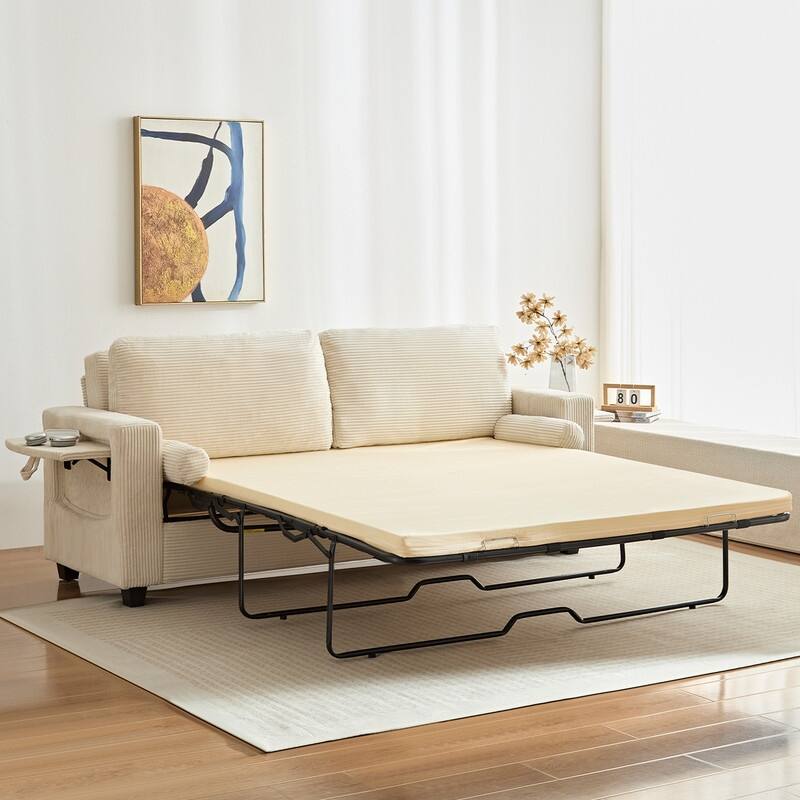 Mixoy Convertible 2-in-1 Pull Out Sleeper Sofa Bed Loveseat with 2 Wing Table and Memory Foam Mattress