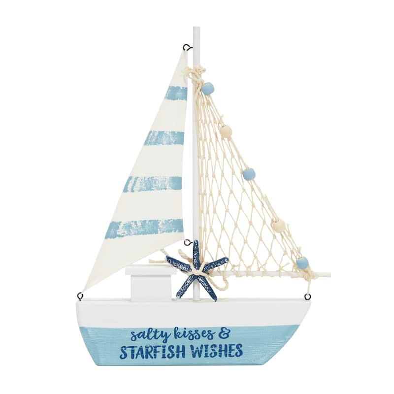 Resin Sail Boat Sculpture with Netting and Starfish Details - Set of 3 Blue - Roche River Decor - 2"W x 9"L x 14"H