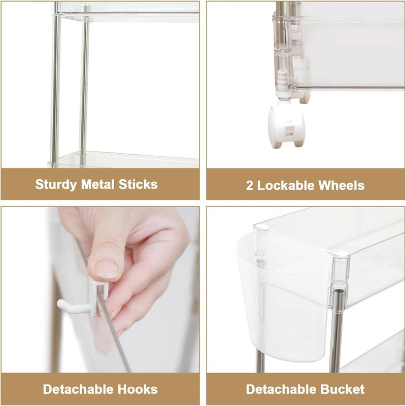 VECELO Small Rolling Cart, Storage Rack Trolley Cart, White Transparent Trolley Cart