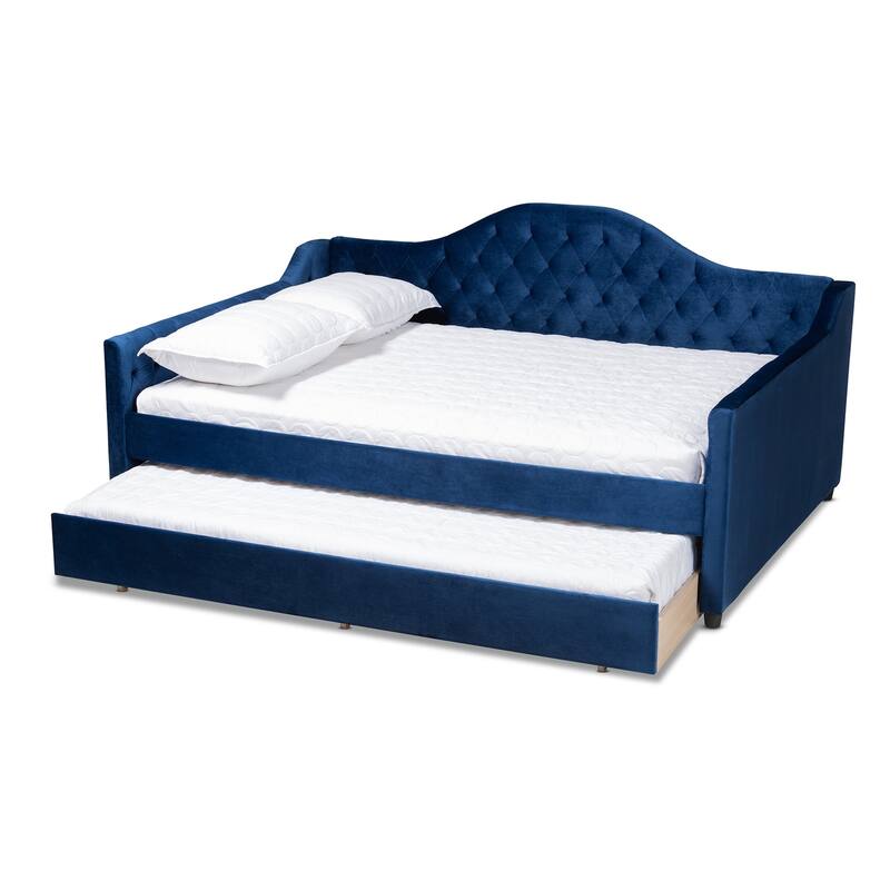 Full Size Daybed with Trundle - Navy Blue Velvet Upholstered Modern Design - Space Saving Furniture
