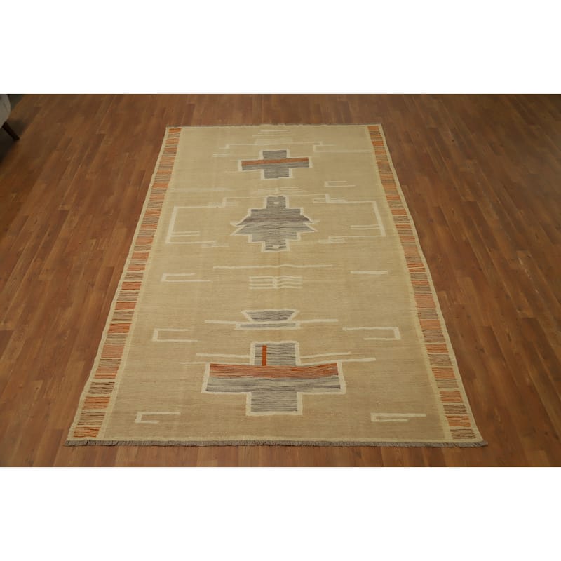 Hand Woven Oriental 100% Wool Carpet Southwestern Tribal Beige & Ivories Kilim Area Rug - 8' 10'' X 5' 8''