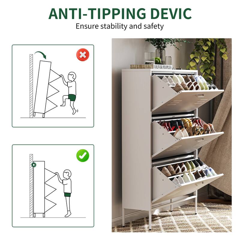 Shoe Storage Cabinet with 3 Flip Drawers, Freestanding Shoe Cabinet Organizer with Metal Frame for Entryway, Hallway, F