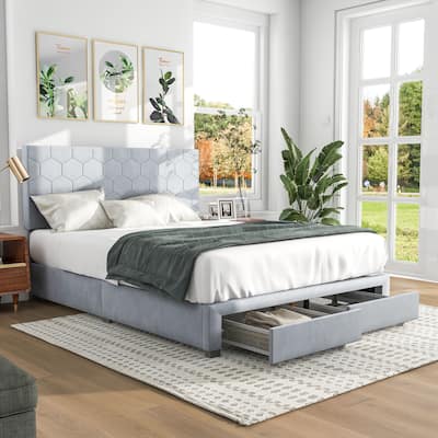 Honeycomb Modern Grey Velvet Headboard Storage Guest Bed by Furniture of America