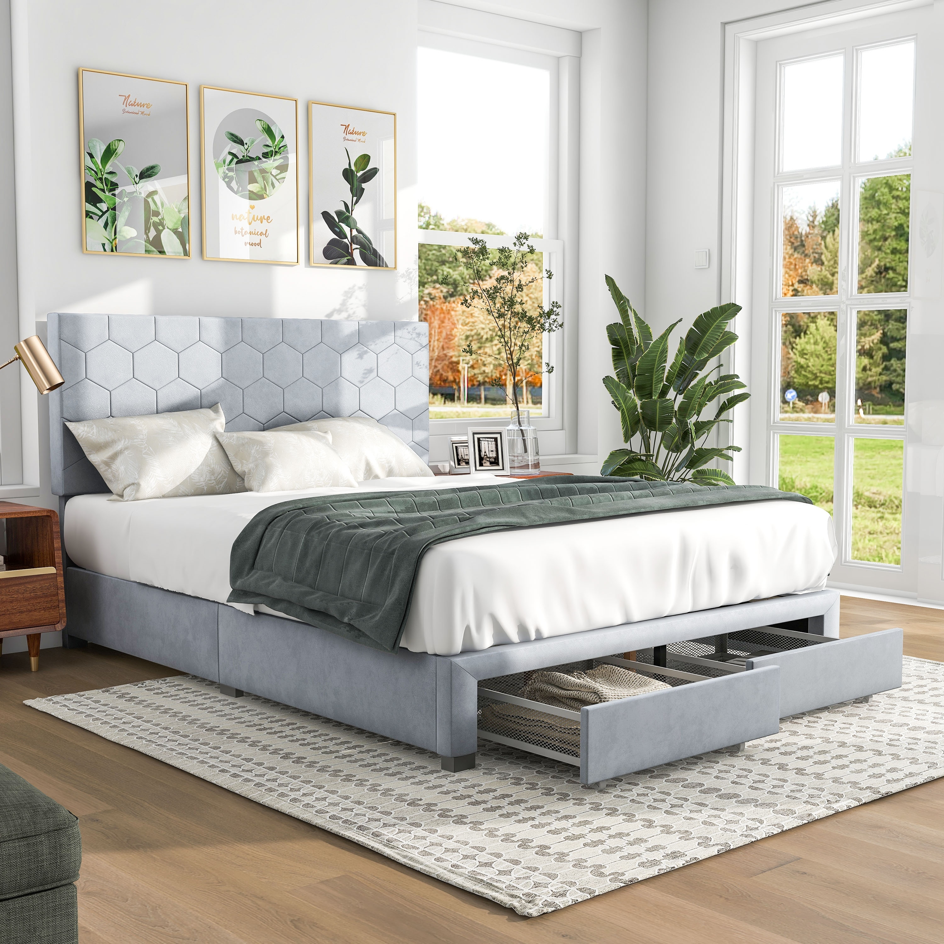 Furniture of America Honeycomb Modern Grey Velvet Headboard Storage Guest Bed