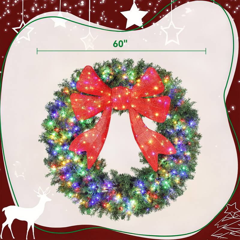 HOMCOM 60in Pre-Lit Wreath: 300 LED, 11 Modes, Remote, 3D Bow, 996 Tips, Indoor/Outdoor - Green