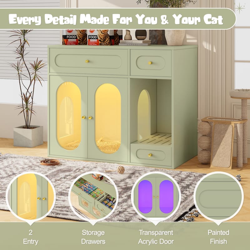 Anmytek Hidden Cat Litter Box Enclosure Furniture with LED Light and Storage Drawers Green Pet House and End Table