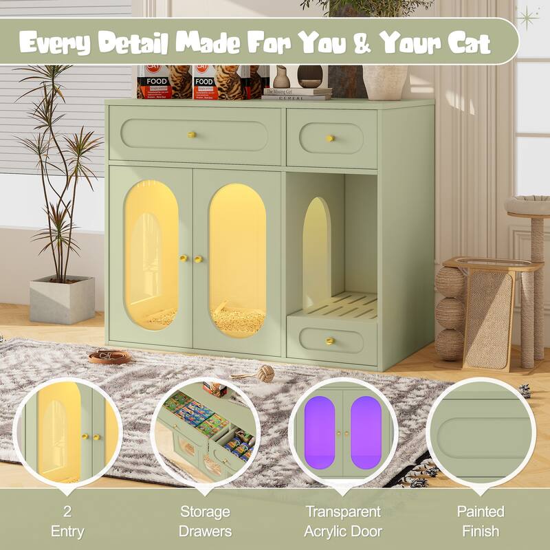 Cat Litter Box Enclosure with LED Light, Hidden Litter Box Furniture with Storage Drawers, Indoor Pet House with Acrylic Doors