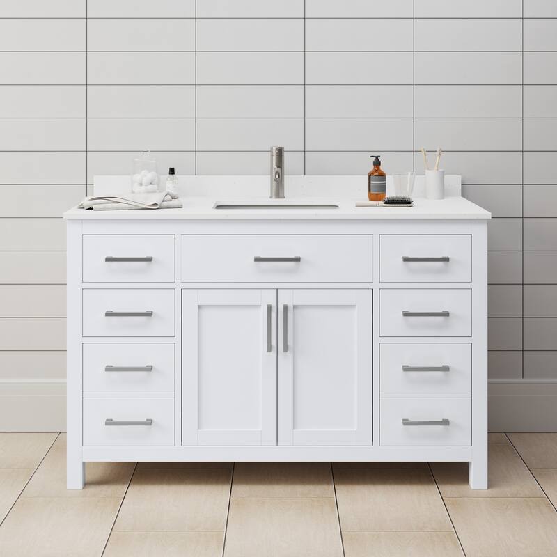 Wyndham Collection Beckett 54" Free Standing Single Basin Vanity Set - White / White Cultured Marble Top / Brushed Nickel