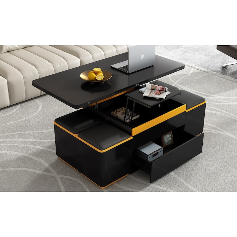 Lift-Top Coffee Table with 4 Storage Stools, Center Table with Foldable Top, Multi-Functional Adjustable Coffee Table