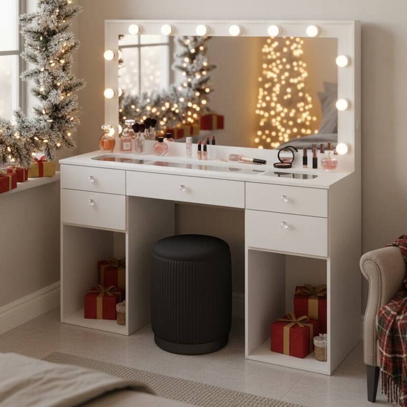 Makeup Vanity Desk w/ Free Black Storage Stool, LED Mirror, 5 Drawers, extra Storage, USB, Power Outlet - White