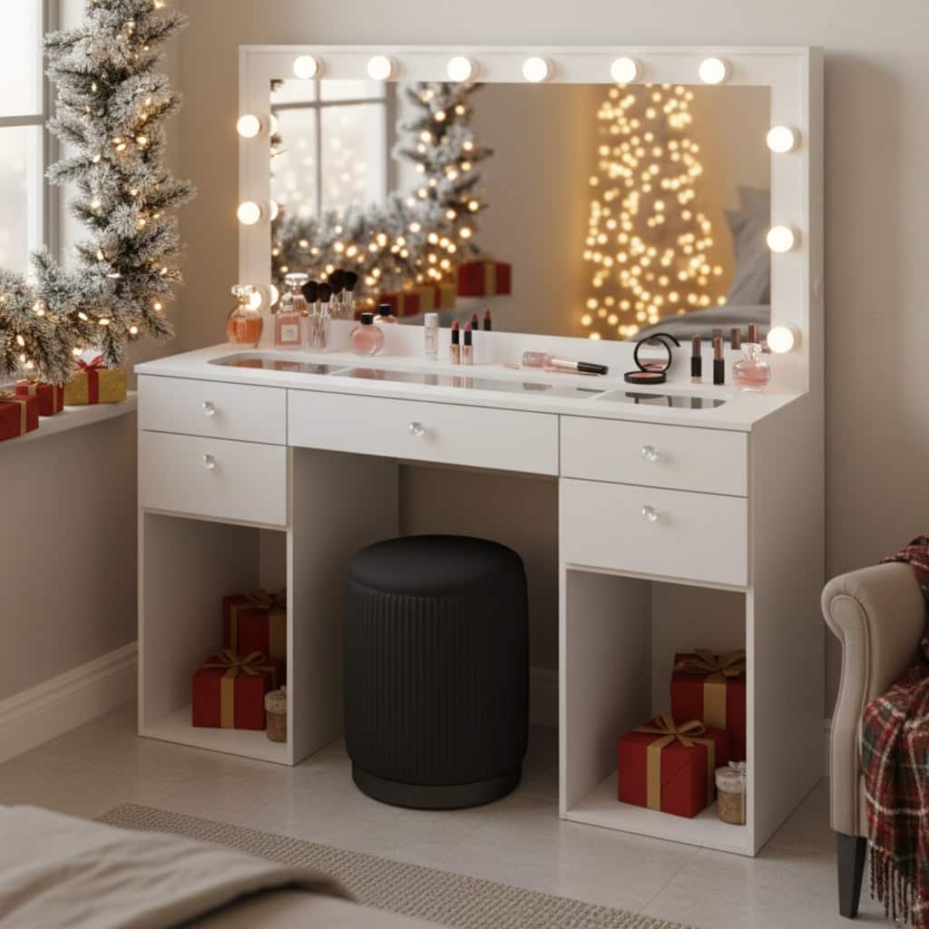 Makeup Vanity Desk w/ Free Black Storage Stool, LED Mirror, 5 Drawers, extra Storage, USB, Power Outlet