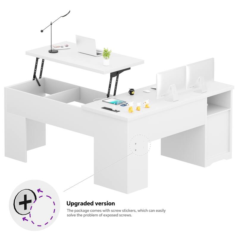 Modern Farmhouse Lift Top L-Shaped Desk with Charge Station, Corner Desk with File Drawers for Home Office
