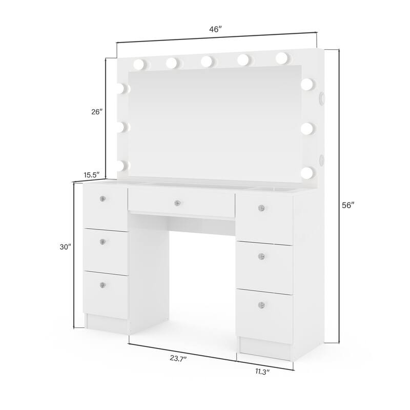 Boahaus Wren Makeup Vanity with Bluetooth Speaker, Glass Top, 7 Drawers